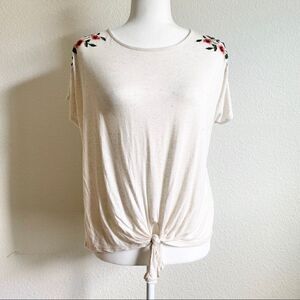 W5 Off White Front Tie Floral Embroidery Short Sleeve Top Stretch Relaxed M boho